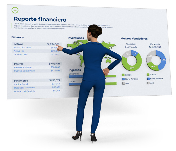 Ilustración 3D de una ejecutiva con traje de vestir parada frente a un reporte financiero gigantesco. La ejecutiva señala un dato en el reporte que contiene un mapa mundial, gráficas de dona, un comparativo de gráficas de barra y un listado con datos financieros.